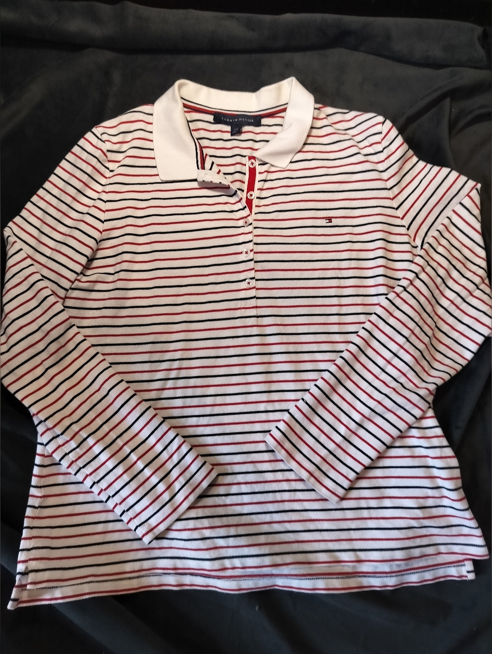 EUV Tommy Hilfiger White Cotton Long-Sleeve Polo with Red & Navy Stripes - Large